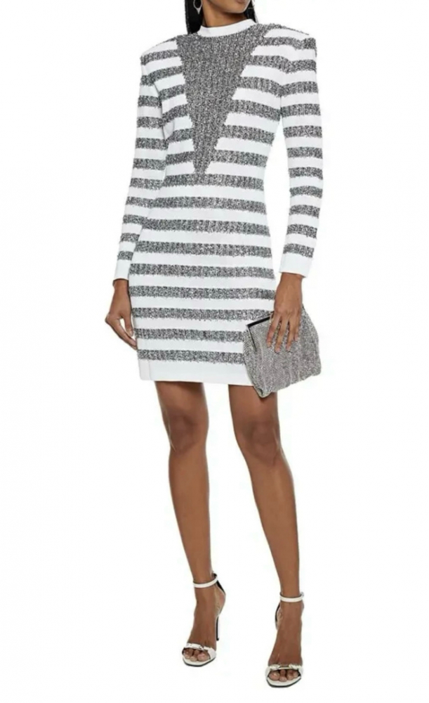 Balmain Striped Tinsel And Open-knit Mini Dress
