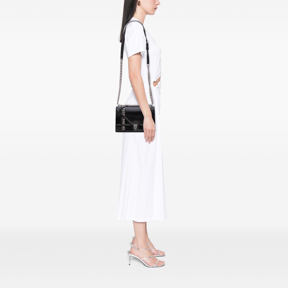 Christian Dior B Dior Black Lambskin Leather Leather Medium Studded Lambskin Diorama Flap Italy