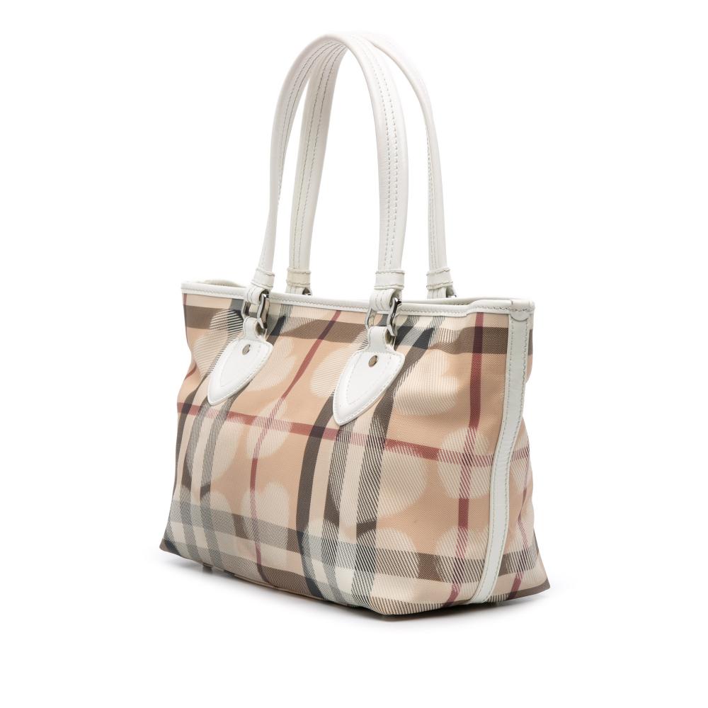 Burberry B Burberry Brown Beige with White Coated Canvas Fabric House Check Hearts Gracie Tote Italy