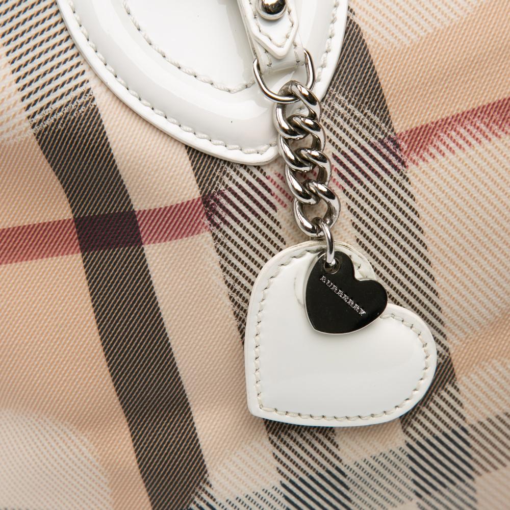 Burberry B Burberry Brown Beige with White Coated Canvas Fabric House Check Hearts Gracie Tote Italy