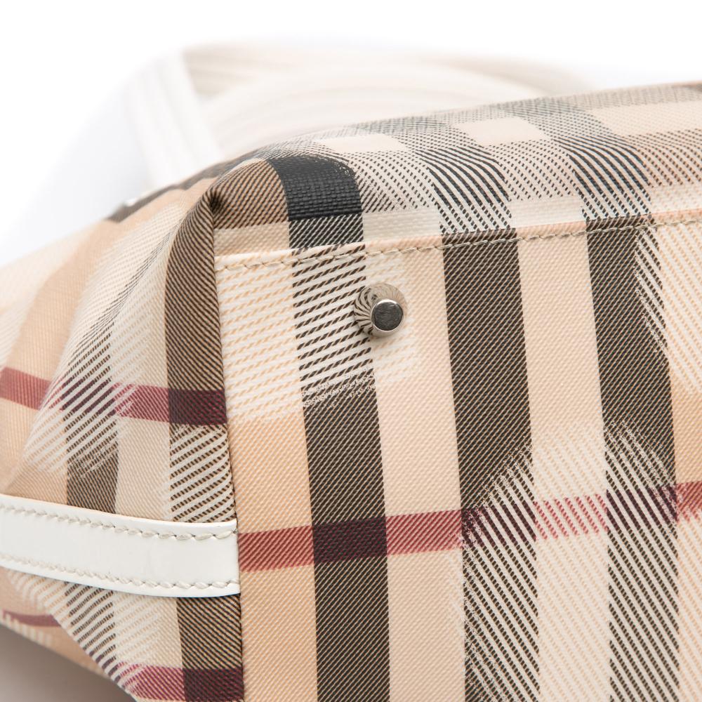 Burberry B Burberry Brown Beige with White Coated Canvas Fabric House Check Hearts Gracie Tote Italy