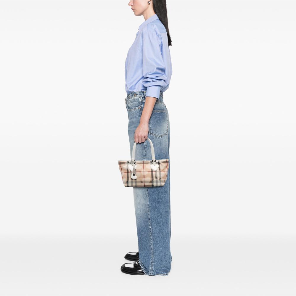Burberry B Burberry Brown Beige with White Coated Canvas Fabric House Check Hearts Gracie Tote Italy