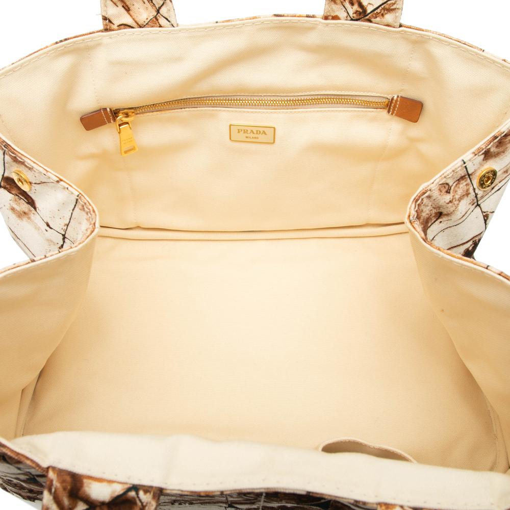 Prada B Prada Brown Canvas Fabric Large Canapa Azulejos Satchel Italy