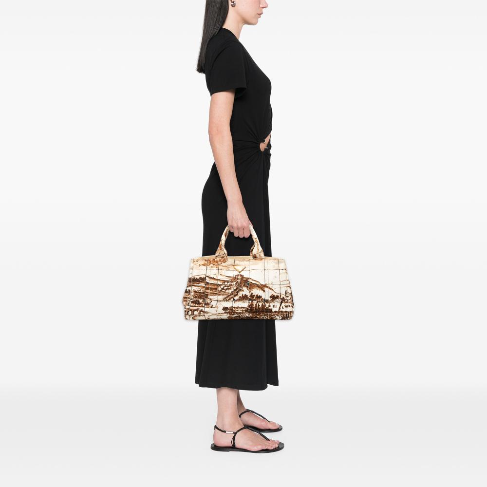 Prada B Prada Brown Canvas Fabric Large Canapa Azulejos Satchel Italy