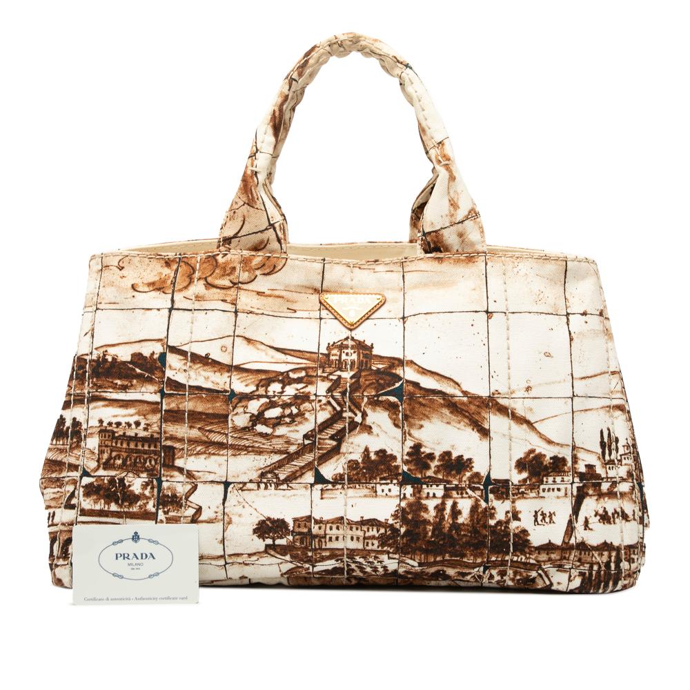 Prada B Prada Brown Canvas Fabric Large Canapa Azulejos Satchel Italy