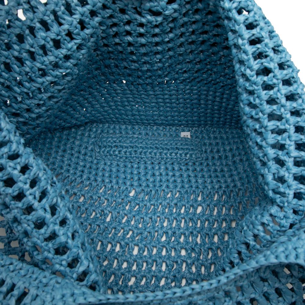 Prada AB Prada Blue Light Blue Raffia Natural Material Effect Crochet Logo Embroidered Shopping Tote Italy