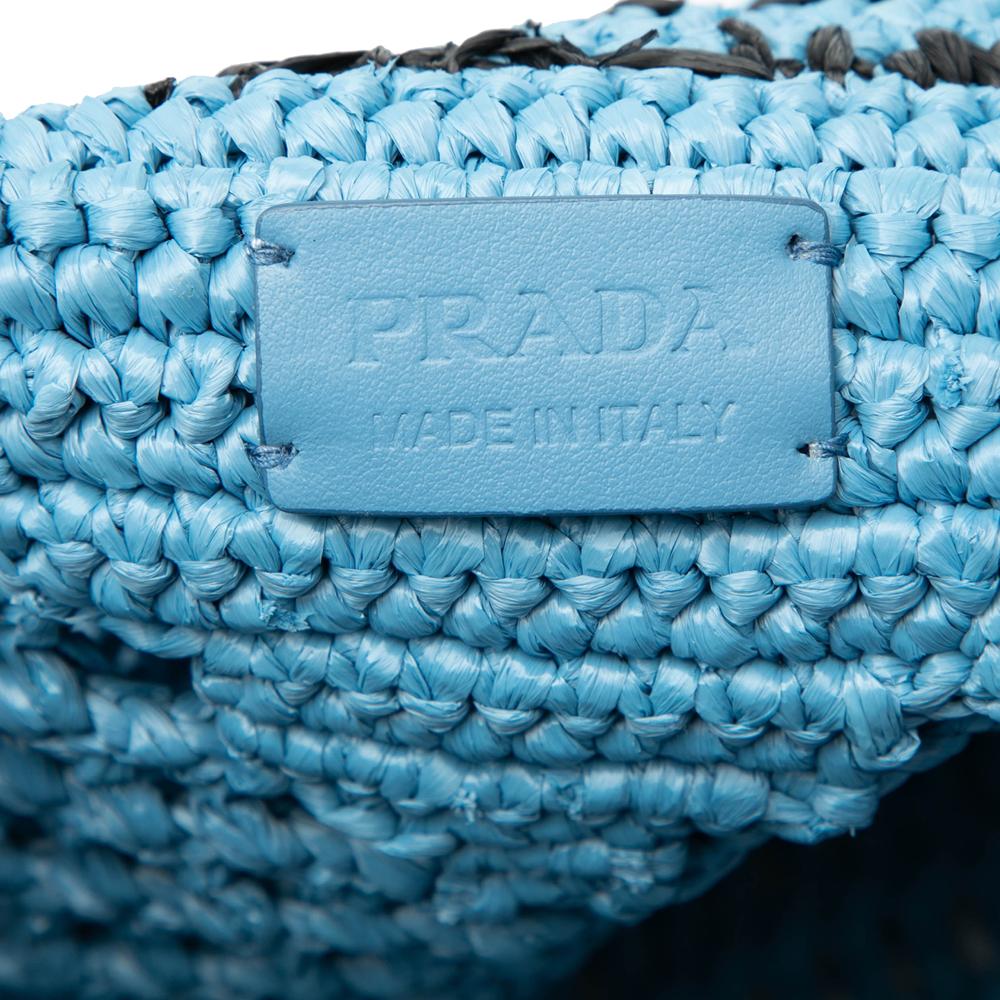 Prada AB Prada Blue Light Blue Raffia Natural Material Effect Crochet Logo Embroidered Shopping Tote Italy