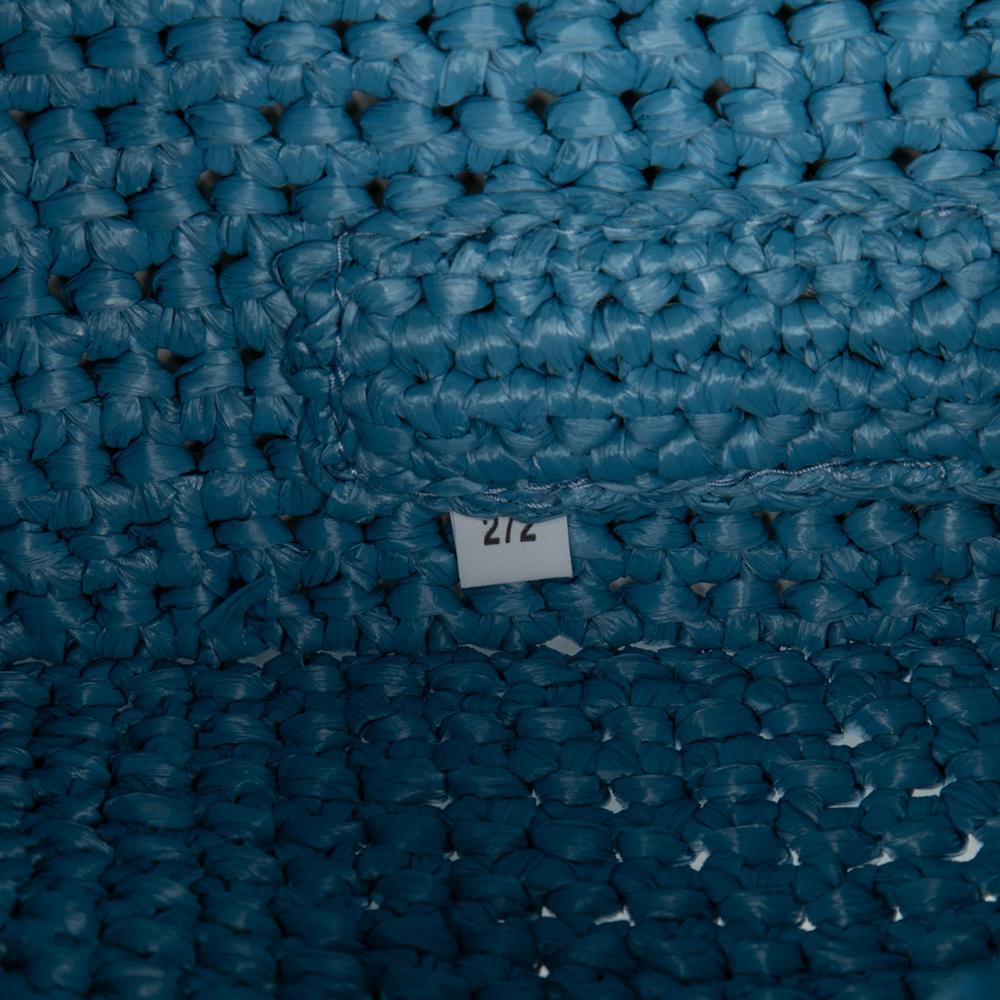 Prada AB Prada Blue Light Blue Raffia Natural Material Effect Crochet Logo Embroidered Shopping Tote Italy