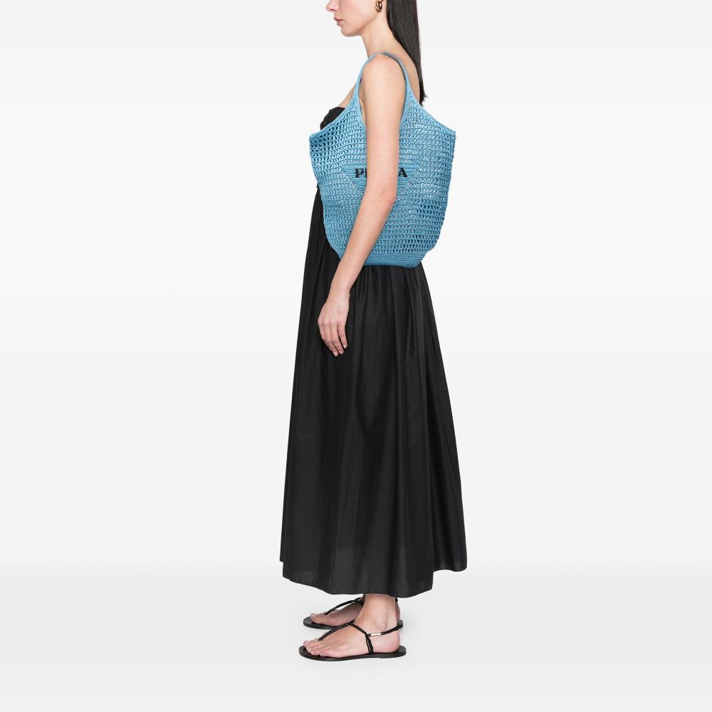 Prada AB Prada Blue Light Blue Raffia Natural Material Effect Crochet Logo Embroidered Shopping Tote Italy