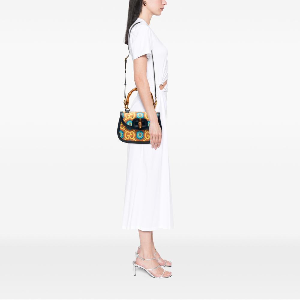 Gucci Blue 100th Anniversary Medium GG Coated Canvas Kaleidoscope 1947 Bamboo Top Handle Bag Italy