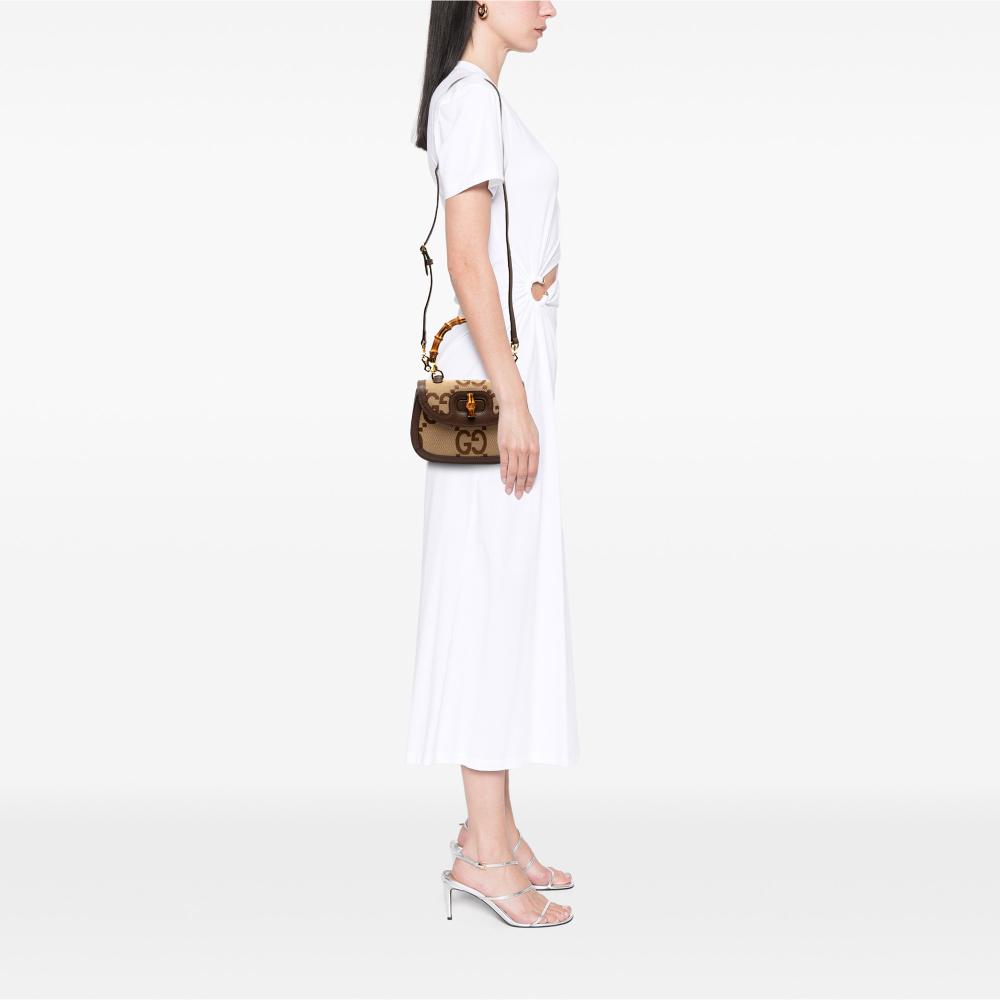 Gucci AB Gucci Brown Beige Canvas Fabric Small Jumbo GG Bamboo 1947 Top Handle Bag Italy