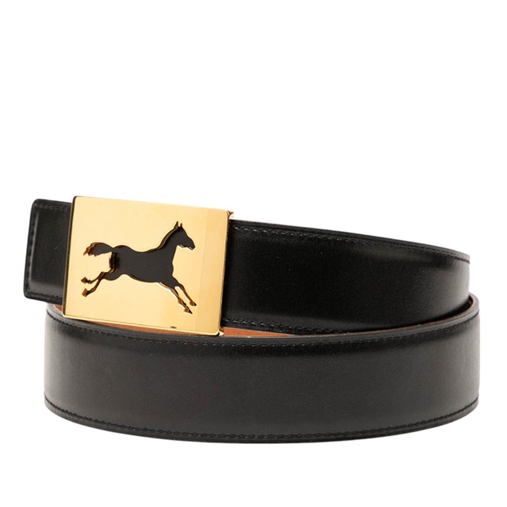 Hermès B Hermès Black Calf Leather Box Horse Buckle Belt France