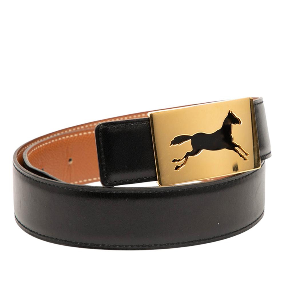 Hermès B Hermès Black Calf Leather Box Horse Buckle Belt France