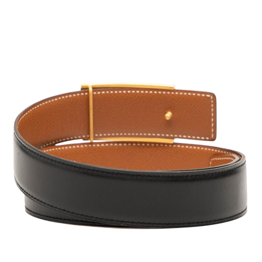 Hermès B Hermès Black Calf Leather Box Horse Buckle Belt France