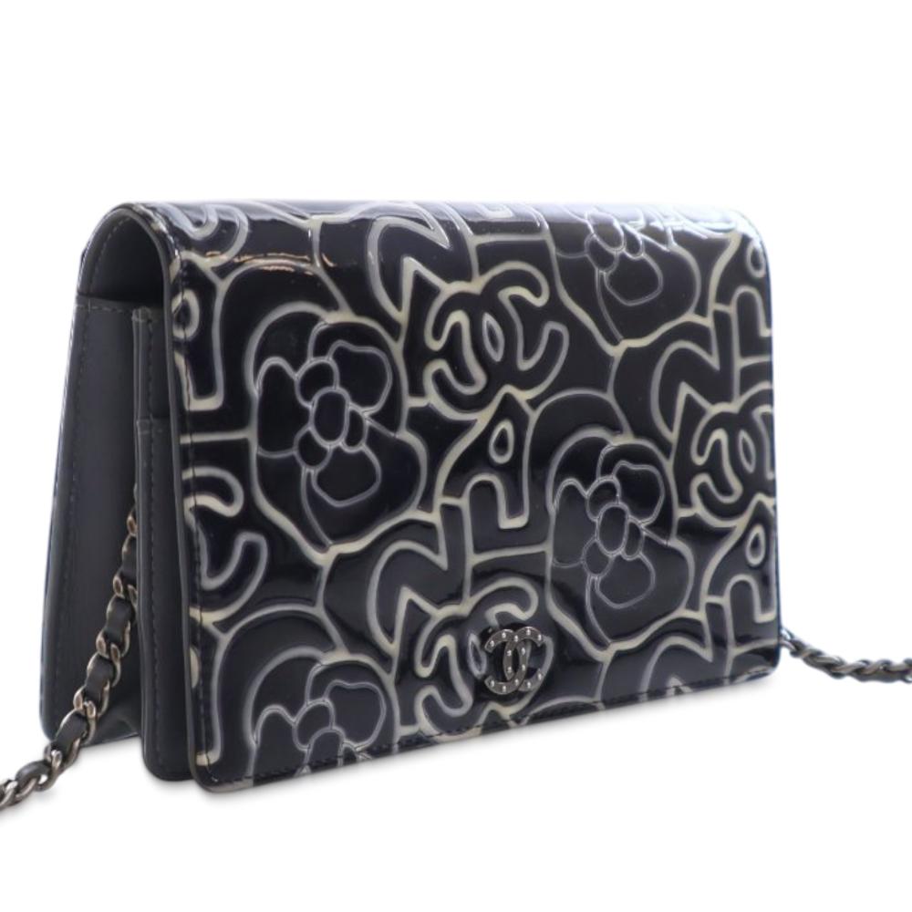 Chanel AB Chanel Blue Navy Patent Leather Leather CC Embossed Patent Camellia Wallet On Chain Italy