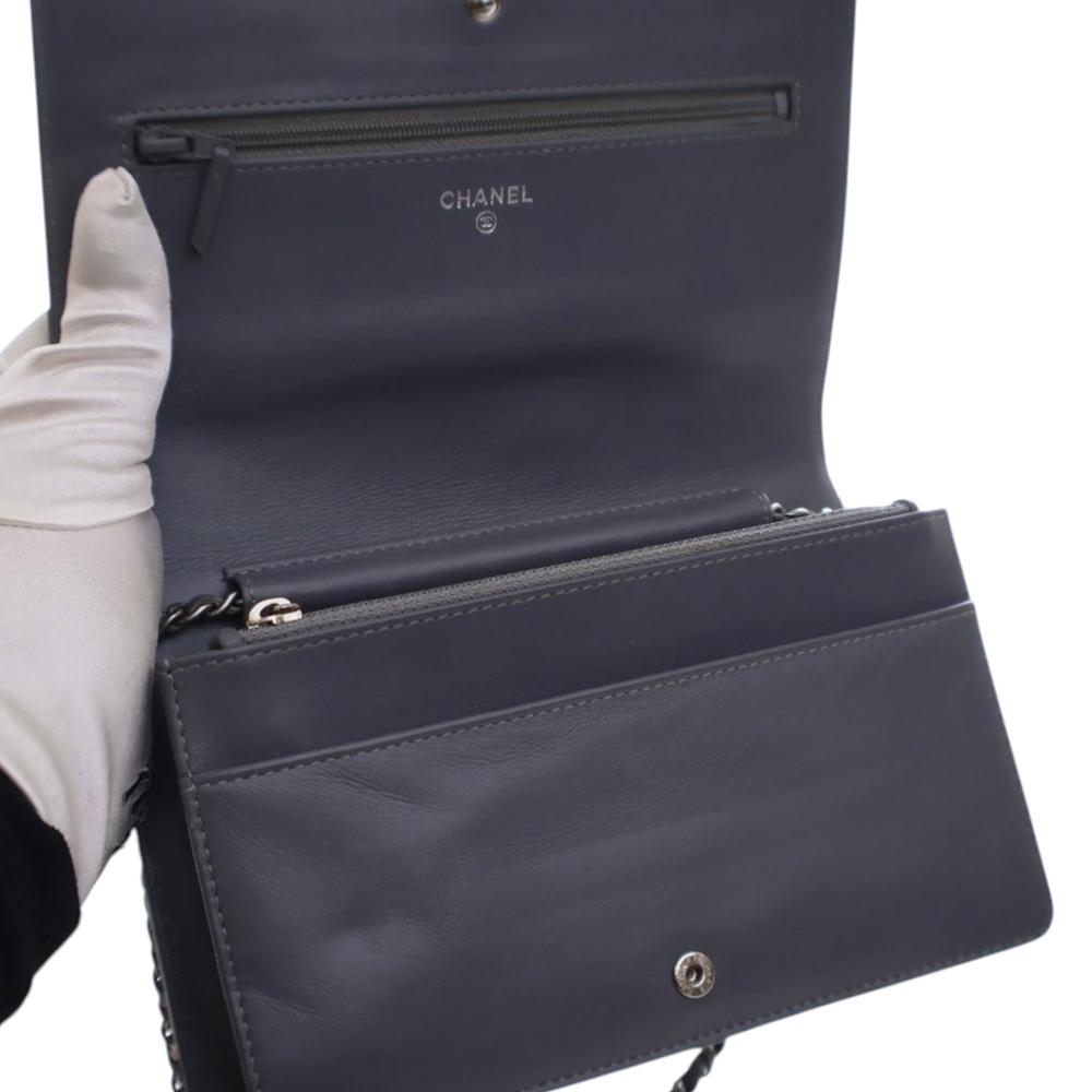 Chanel AB Chanel Blue Navy Patent Leather Leather CC Embossed Patent Camellia Wallet On Chain Italy