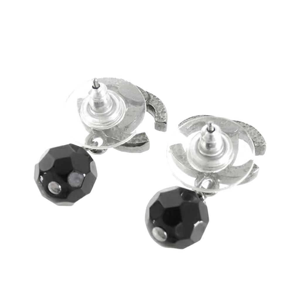 Chanel AB Chanel Silver with Black Silver Plated Metal CC Bead Drop Push Back Earrings France