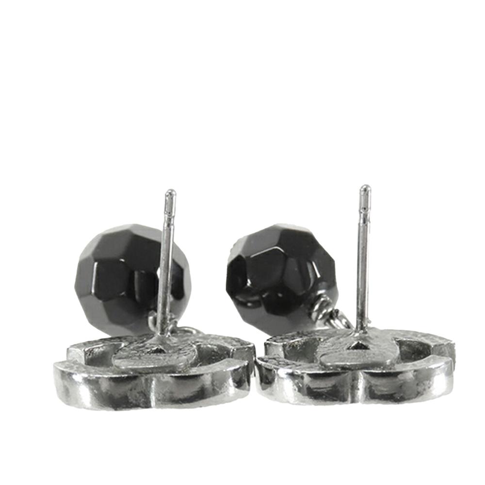 Chanel AB Chanel Silver with Black Silver Plated Metal CC Bead Drop Push Back Earrings France