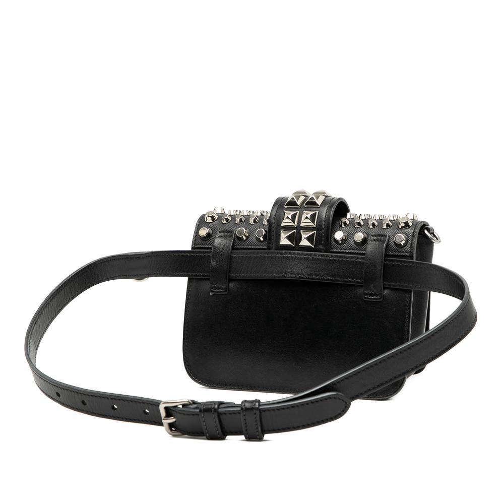 Prada B Prada Black Calf Leather Studded City and Saffiano Cahier Belt Bag Italy