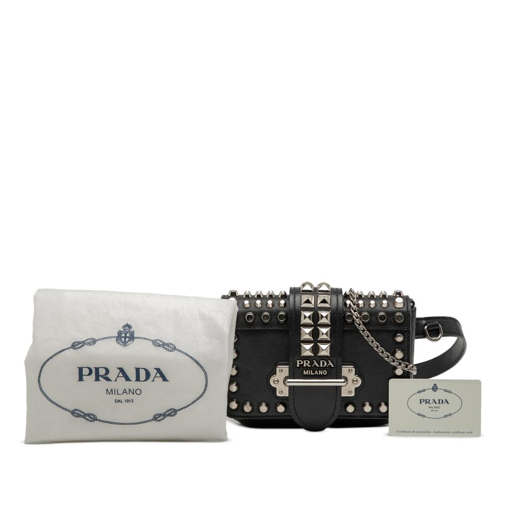 Prada B Prada Black Calf Leather Studded City and Saffiano Cahier Belt Bag Italy