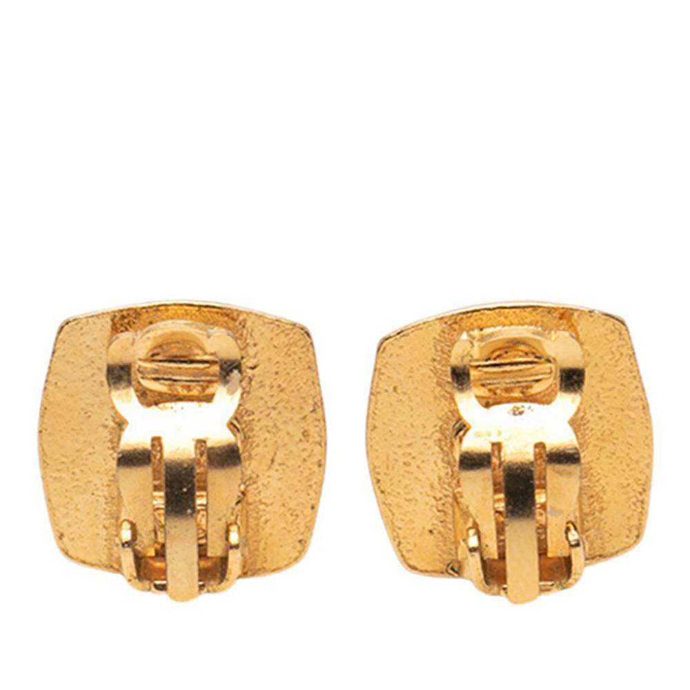 Chanel AB Chanel Gold with Black Gold Plated Metal CC Enamel Square Clip On Earrings France