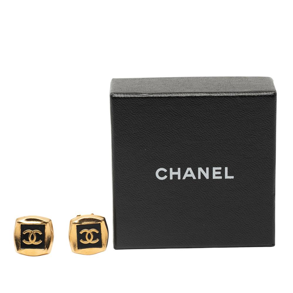 Chanel AB Chanel Gold with Black Gold Plated Metal CC Enamel Square Clip On Earrings France