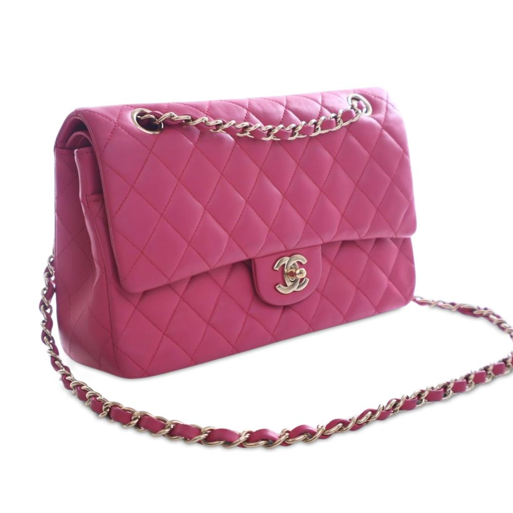 Chanel B Chanel Pink Hot Pink Lambskin Leather Leather Medium Classic Lambskin Double Flap France