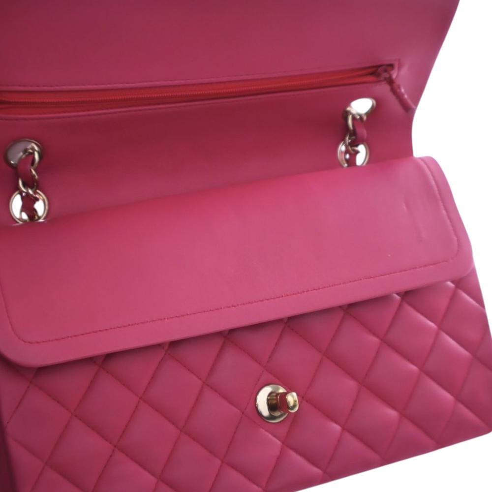 Chanel B Chanel Pink Hot Pink Lambskin Leather Leather Medium Classic Lambskin Double Flap France