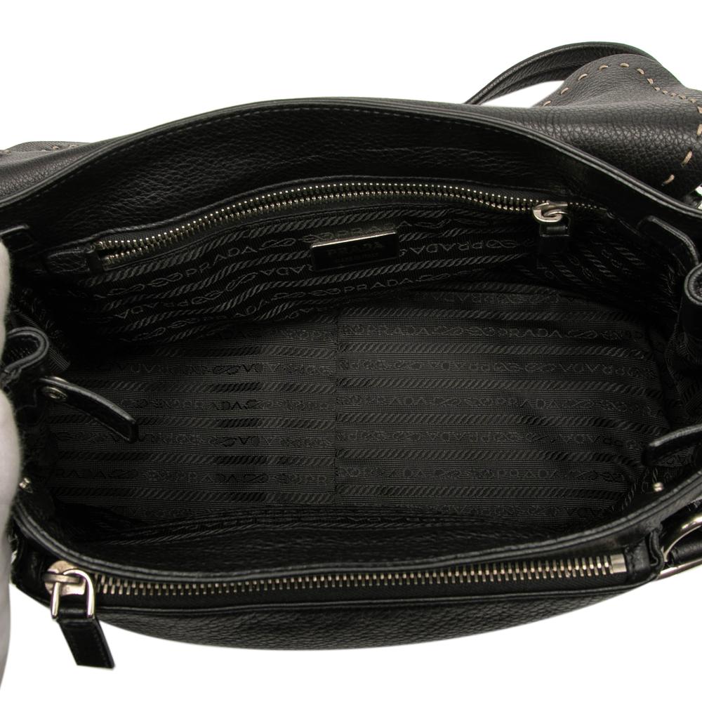 Prada B Prada Black Calf Leather Vitello Daino Pushlock Flap Italy