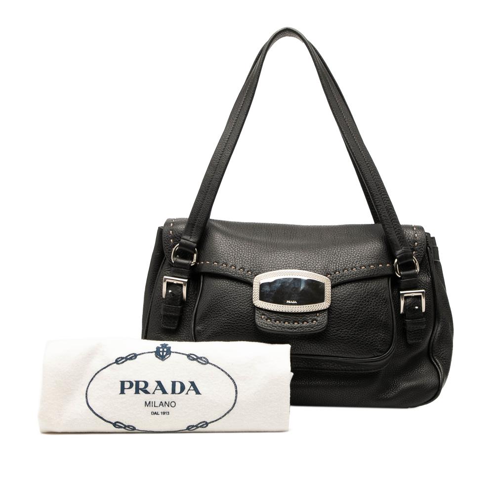 Prada B Prada Black Calf Leather Vitello Daino Pushlock Flap Italy