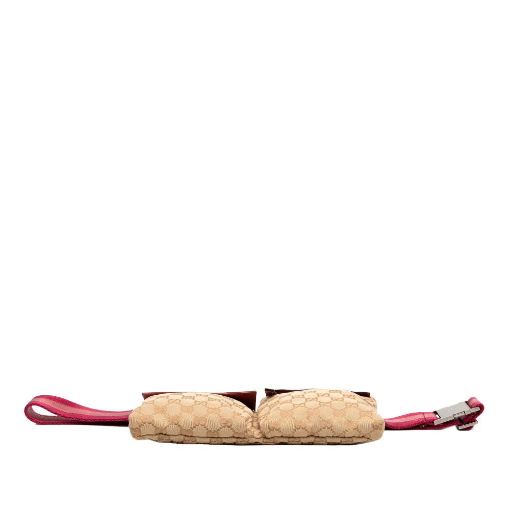 Gucci B Gucci Brown Beige Canvas Fabric GG Web Double Pocket Belt Bag Italy