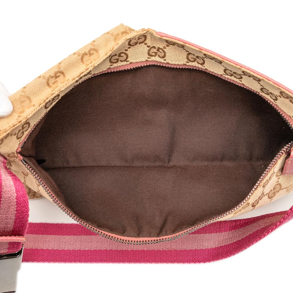 Gucci B Gucci Brown Beige Canvas Fabric GG Web Double Pocket Belt Bag Italy