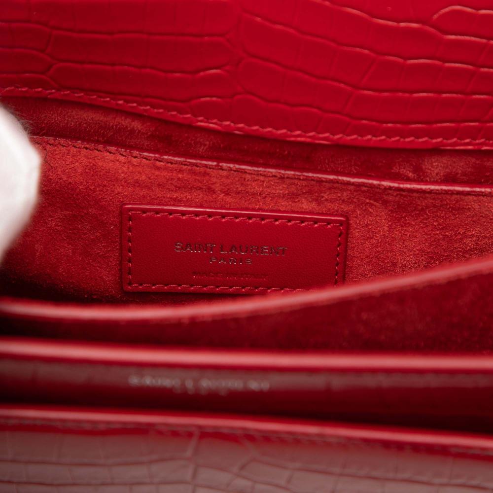 Saint Laurent AB Saint Laurent Red Calf Leather Medium Croc Embossed Monogram Sunset Bag Italy
