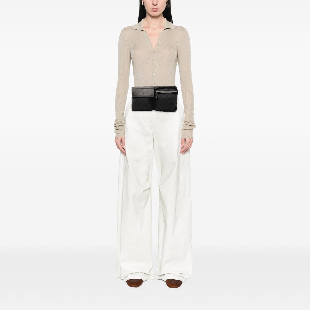 Gucci B Gucci Black Canvas Fabric GG Double Pocket Belt Bag Italy