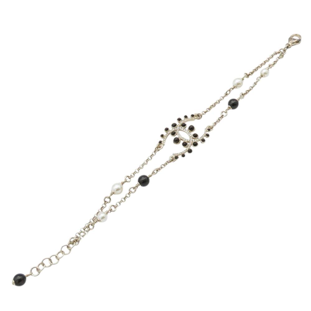 Chanel B Chanel Gold with Black Gold Plated Metal CC Faux Pearl Rhinestones Bracelet France