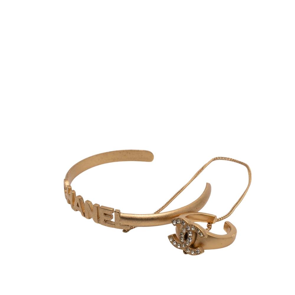 Chanel AB Chanel Gold Gold Plated Metal CC Rhinestone and Logo Cuff Bracelet and Ring Set France