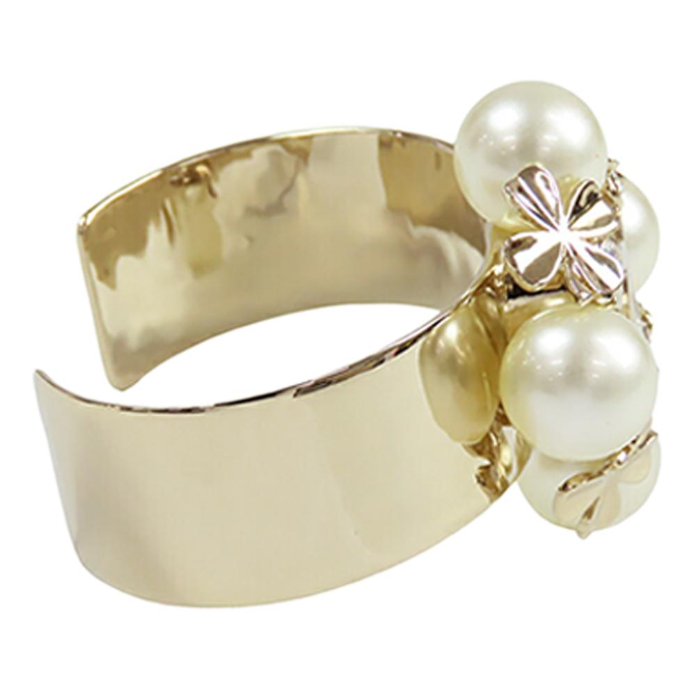 Chanel B Chanel Gold Gold Plated Metal CC Faux Pearl Clover Cuff Bracelet Italy