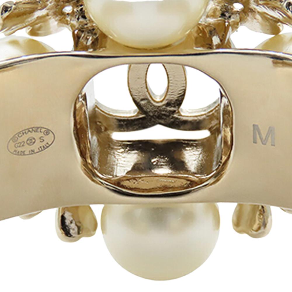 Chanel B Chanel Gold Gold Plated Metal CC Faux Pearl Clover Cuff Bracelet Italy
