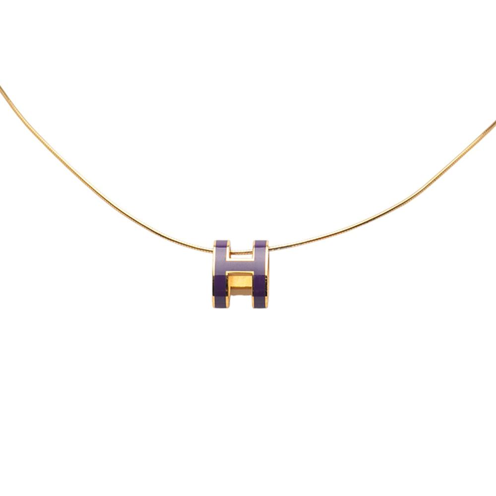 Hermès B Hermès Purple Dark Purple with Gold Enamel Other Gold Plated Pop H Pendant Necklace France