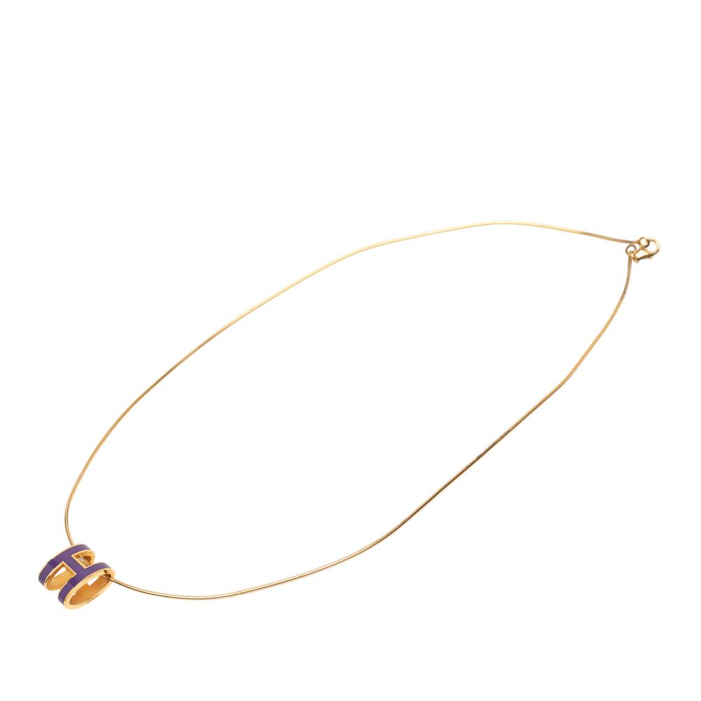 Hermès B Hermès Purple Dark Purple with Gold Enamel Other Gold Plated Pop H Pendant Necklace France