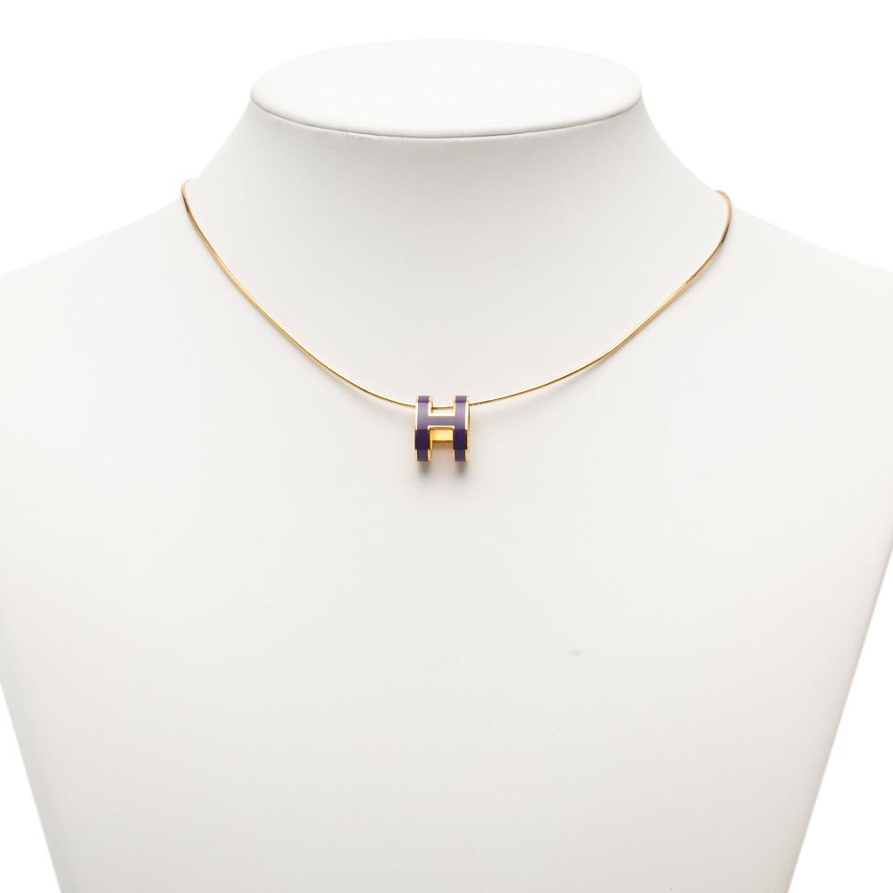 Hermès B Hermès Purple Dark Purple with Gold Enamel Other Gold Plated Pop H Pendant Necklace France
