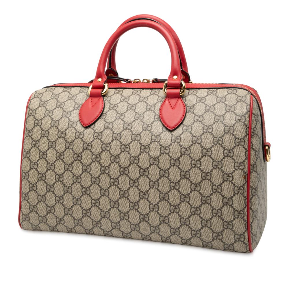 Gucci B Gucci Brown Beige Coated Canvas Fabric Medium GG Supreme Embroidered Satchel Italy