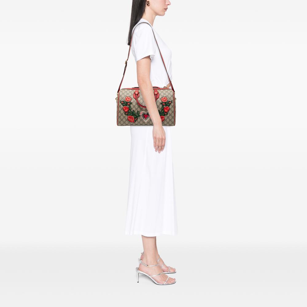 Gucci B Gucci Brown Beige Coated Canvas Fabric Medium GG Supreme Embroidered Satchel Italy