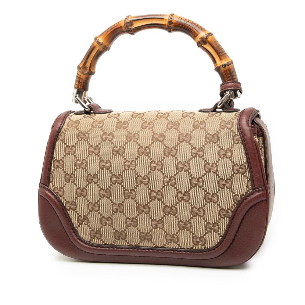 Gucci B Gucci Brown Beige Canvas Fabric Medium GG New Bamboo Top Handle Bag Italy