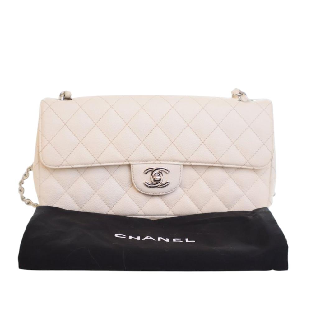 Chanel B Chanel White Caviar Leather Leather Classic Caviar East West Single Flap France