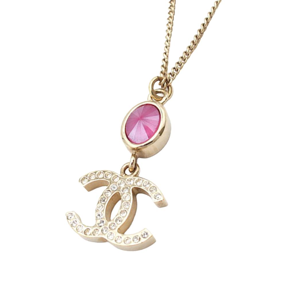 Chanel AB Chanel Gold with Pink Gold Plated Metal CC Rhinestone Pendant Necklace Italy
