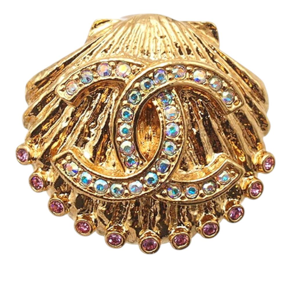 Chanel AB Chanel Gold Gold Plated Metal CC Rhinestone Shell Clip On Earrings France