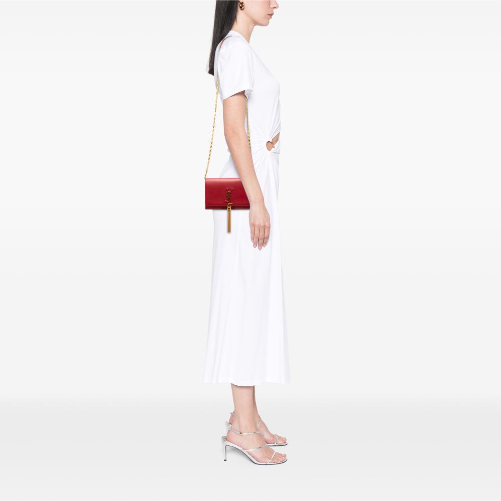 Saint Laurent B Saint Laurent Red Calf Leather Smooth skin Monogram Kate Tassel Wallet on Chain Italy