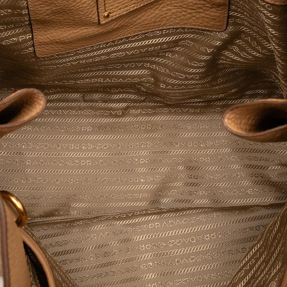 Prada B Prada Brown Beige Calf Leather Vitello Daino Side Zip Convertible Tote Italy