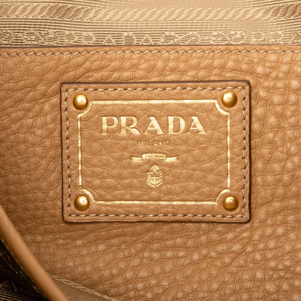 Prada B Prada Brown Beige Calf Leather Vitello Daino Side Zip Convertible Tote Italy